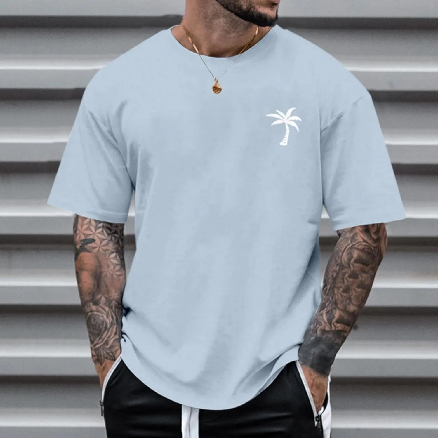Graphic T Shirts for Man Summer Beach Palm Tree Print Crew Neck Short Sleeve Tees Classic Oversized Heavy Cotton Tops