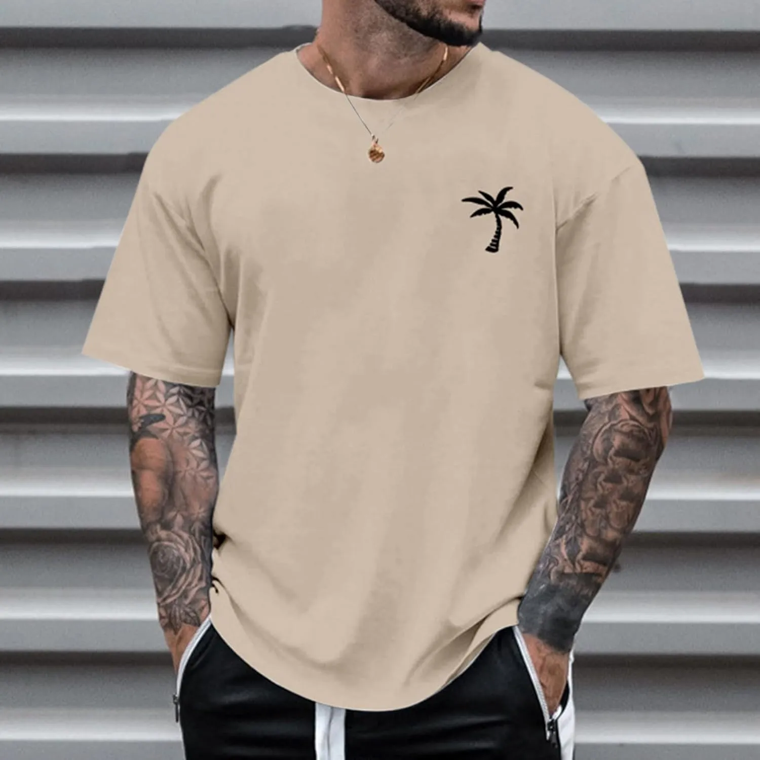 Graphic T Shirts for Man Summer Beach Palm Tree Print Crew Neck Short Sleeve Tees Classic Oversized Heavy Cotton Tops