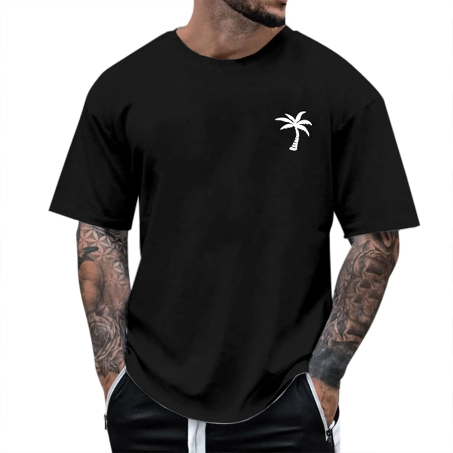 Graphic T Shirts for Man Summer Beach Palm Tree Print Crew Neck Short Sleeve Tees Classic Oversized Heavy Cotton Tops