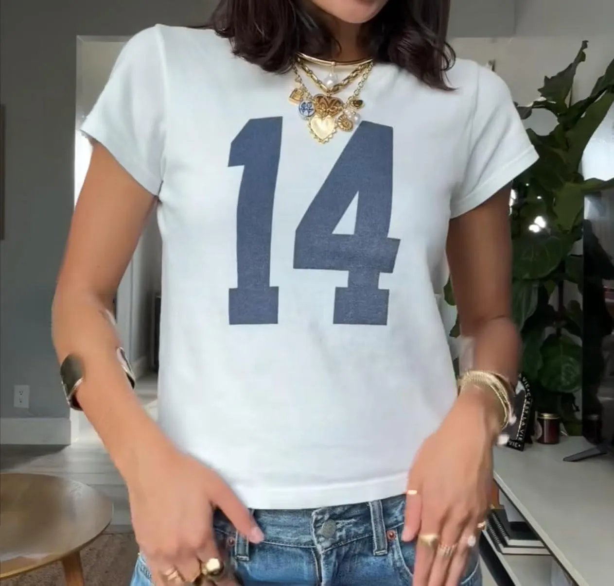Graphic Tees for Women Number 14 Fitted Jersey Short Sleeve Crewneck Crop Tops Y2K Baby Tee Tops