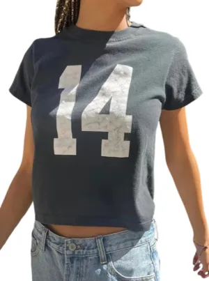 Graphic Tees for Women Number 14 Fitted Jersey Short Sleeve Crewneck Crop Tops Y2K Baby Tee Tops