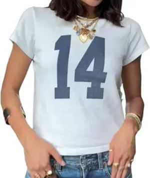 Graphic Tees for Women Number 14 Fitted Jersey Short Sleeve Crewneck Crop Tops Y2K Baby Tee Tops