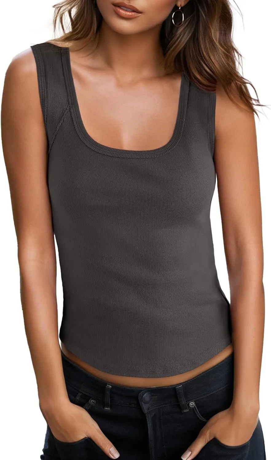 GRECERELLE Cotton Tank Tops for Women 2025 Ribbed Square Neck Sleeveless T Shirts Summer