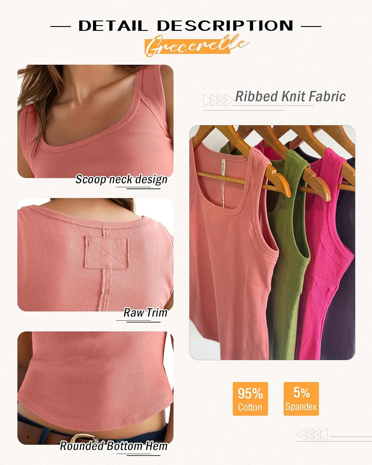 GRECERELLE Cotton Tank Tops for Women 2025 Ribbed Square Neck Sleeveless T Shirts Summer