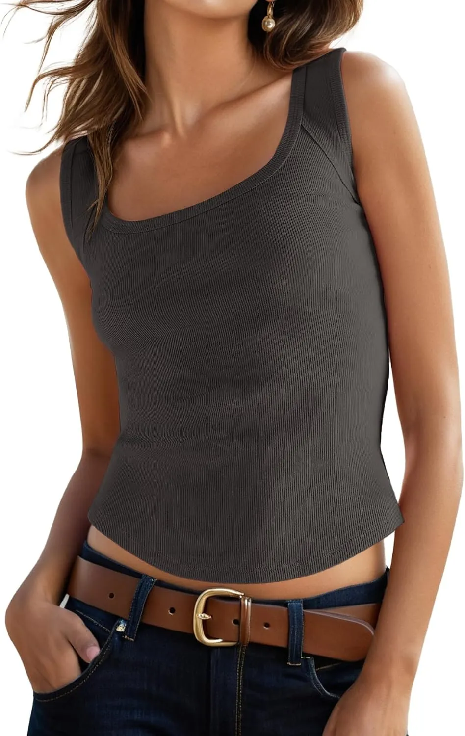 GRECERELLE Cotton Tank Tops for Women 2025 Ribbed Square Neck Sleeveless T Shirts Summer