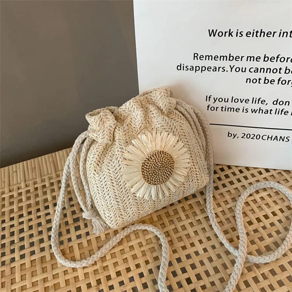 GRPKSSIB Women Straw Handbag Sunflower Crossbody Bag Mini Drawstring Purse Summer Beach Shoulder Bag Bucket Tote Bag