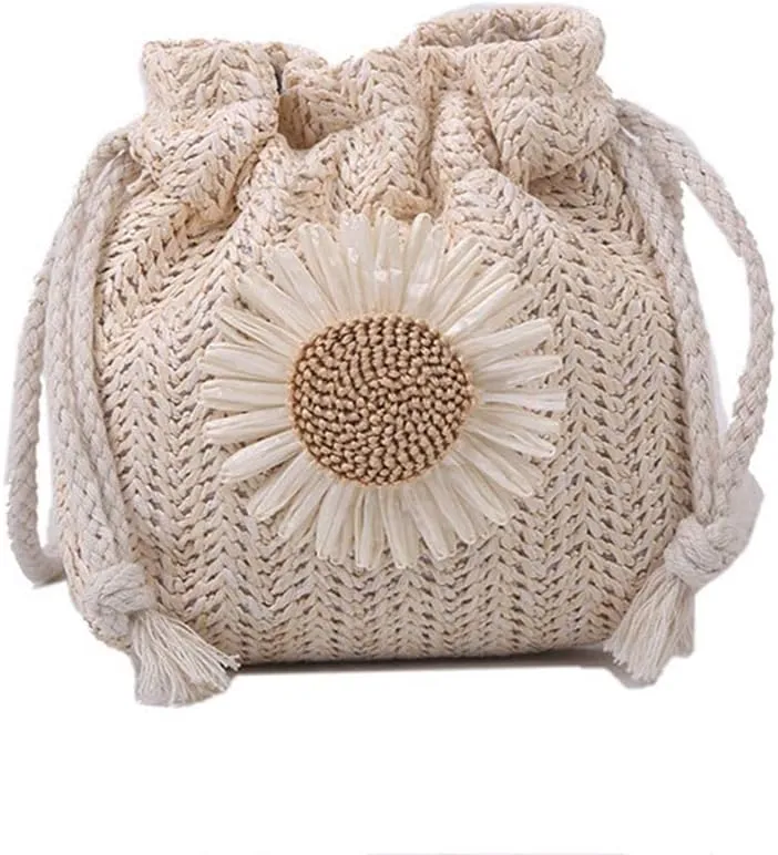 GRPKSSIB Women Straw Handbag Sunflower Crossbody Bag Mini Drawstring Purse Summer Beach Shoulder Bag Bucket Tote Bag
