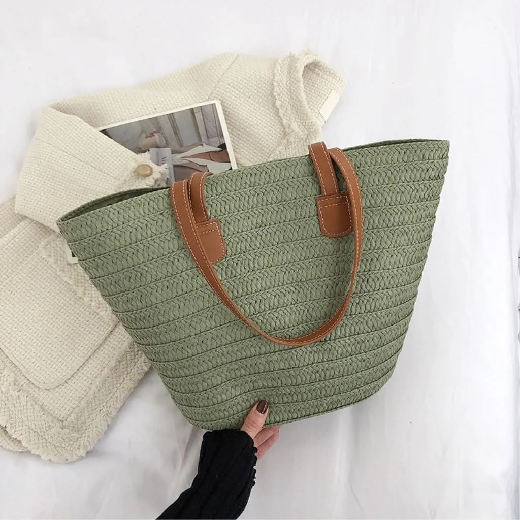 Handbag Straw Bag 2024 New Holiday Beach Straw Bag Woven Vegetable Basket Commuting Tote Bucket Straw Bags(Beige)