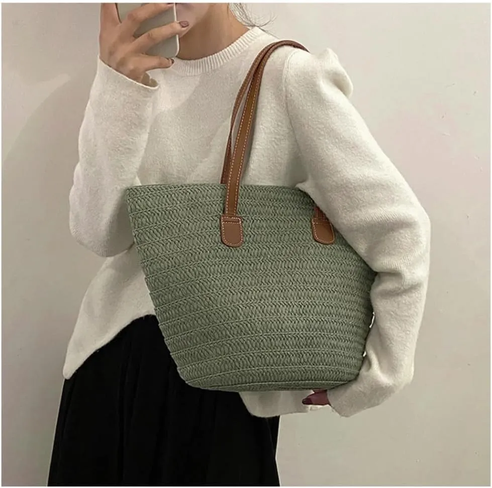 Handbag Straw Bag 2024 New Holiday Beach Straw Bag Woven Vegetable Basket Commuting Tote Bucket Straw Bags(Beige)