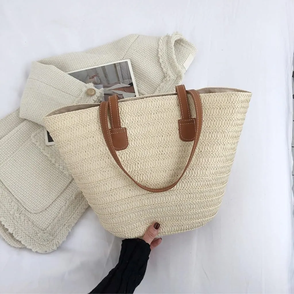 Handbag Straw Bag 2024 New Holiday Beach Straw Bag Woven Vegetable Basket Commuting Tote Bucket Straw Bags(Beige)