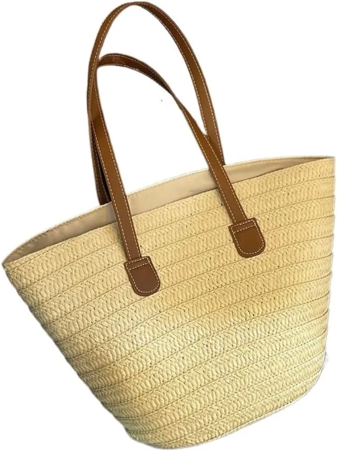 Handbag Straw Bag 2024 New Holiday Beach Straw Bag Woven Vegetable Basket Commuting Tote Bucket Straw Bags(Beige)