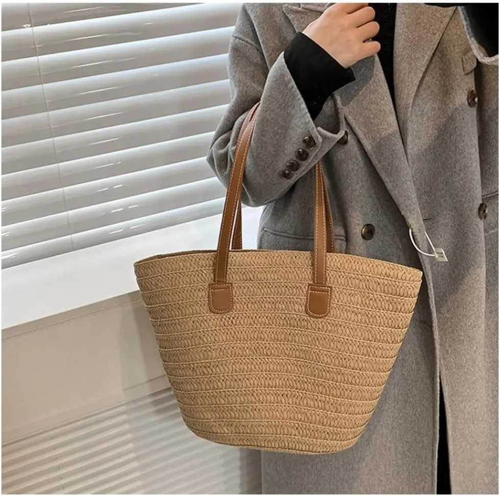 Handbag Straw Bag 2024 New Holiday Beach Straw Bag Woven Vegetable Basket Commuting Tote Bucket Straw Bags(Beige)