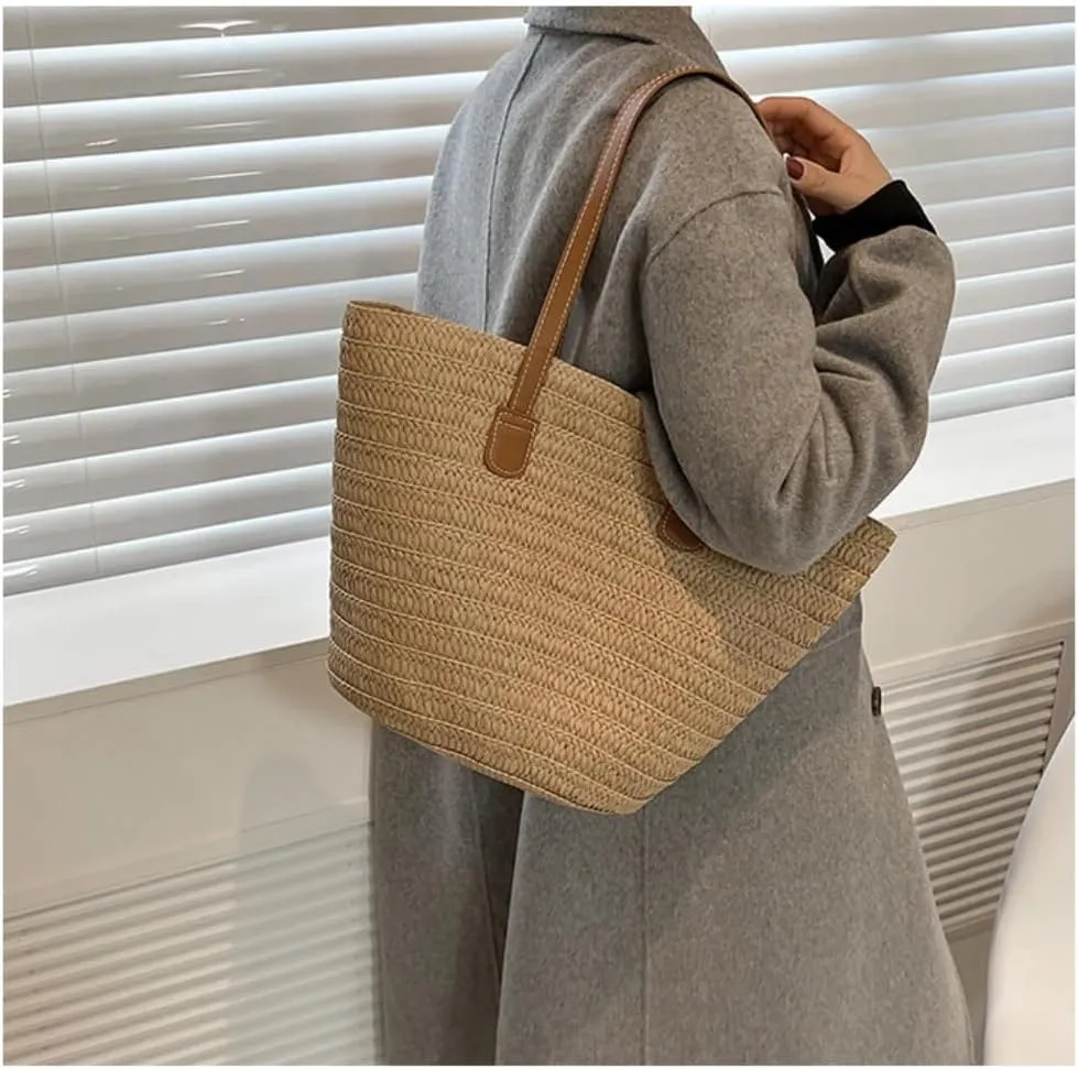Handbag Straw Bag 2024 New Holiday Beach Straw Bag Woven Vegetable Basket Commuting Tote Bucket Straw Bags(Beige)