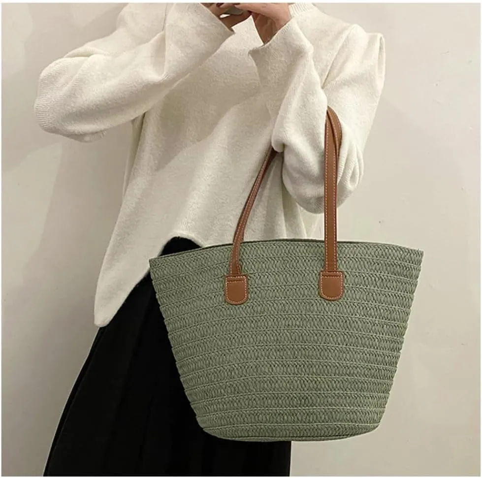 Handbag Straw Bag 2024 New Holiday Beach Straw Bag Woven Vegetable Basket Commuting Tote Bucket Straw Bags(Beige)