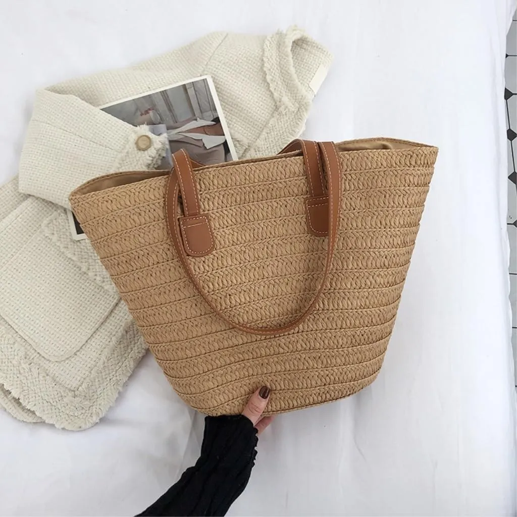 Handbag Straw Bag 2024 New Holiday Beach Straw Bag Woven Vegetable Basket Commuting Tote Bucket Straw Bags(Beige)