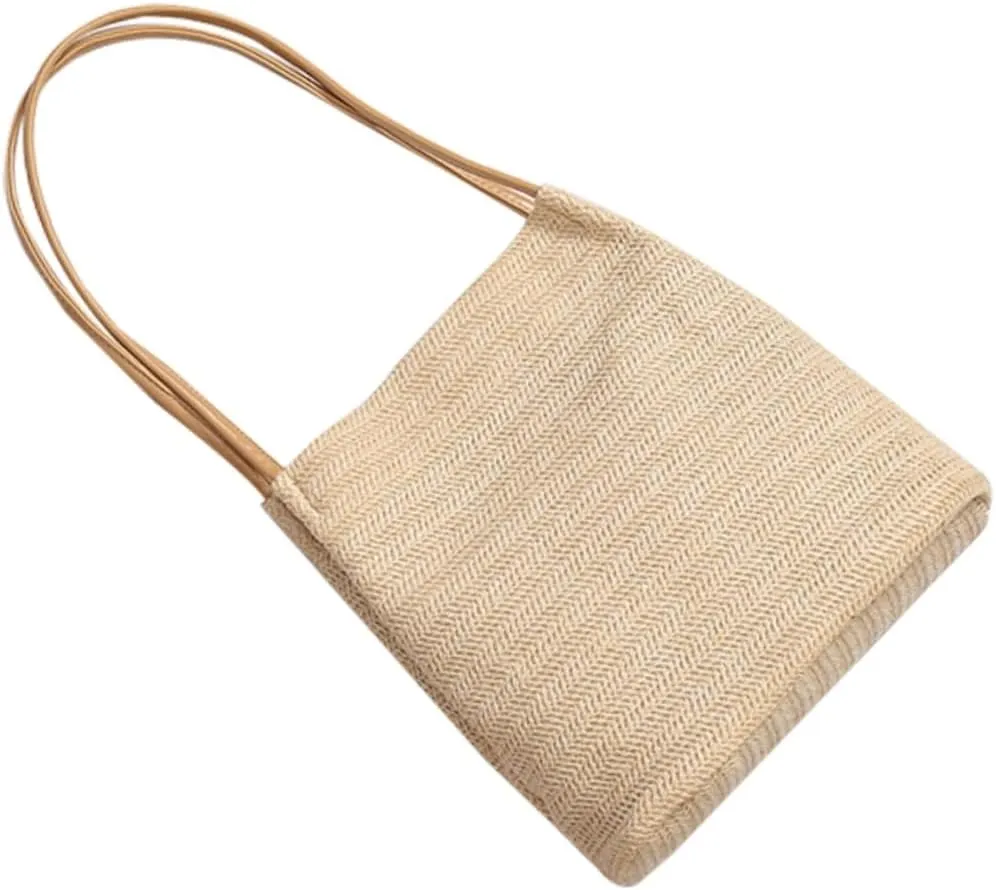 Handmade Knitted Shoulder Bag Light Beige Beach Tote for Women Unique Decorative Purse for Outdoor Picnics and Daily Use Stylish Woven Bucket Bag
