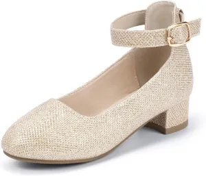 Hehainom Girls Dress Shoes Ankle Strap Flower Girl Heels for Little Big Kids Heels Wedding Church Party Shoes