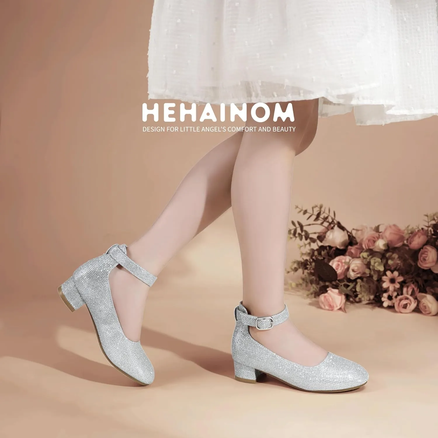 Hehainom Girls Dress Shoes Ankle Strap Flower Girl Heels for Little Big Kids Heels Wedding Church Party Shoes