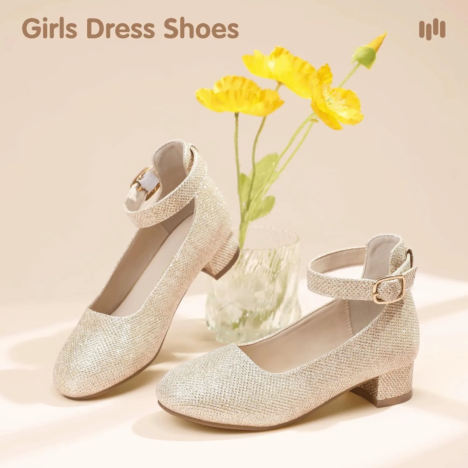 Hehainom Girls Dress Shoes Ankle Strap Flower Girl Heels for Little Big Kids Heels Wedding Church Party Shoes