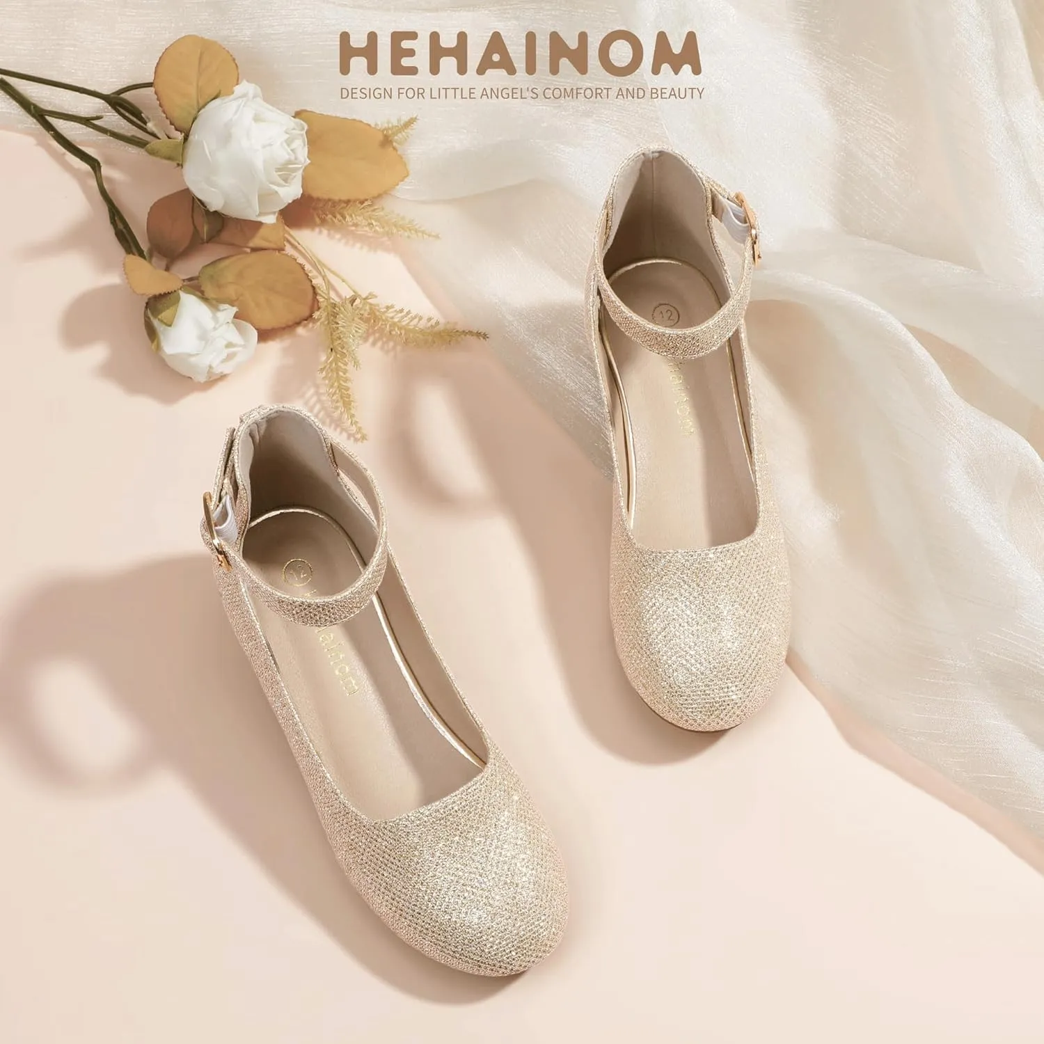 Hehainom Girls Dress Shoes Ankle Strap Flower Girl Heels for Little Big Kids Heels Wedding Church Party Shoes