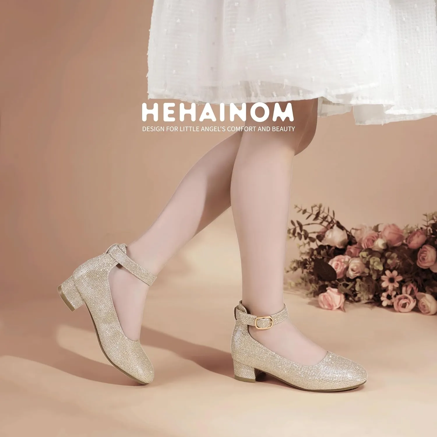 Hehainom Girls Dress Shoes Ankle Strap Flower Girl Heels for Little Big Kids Heels Wedding Church Party Shoes