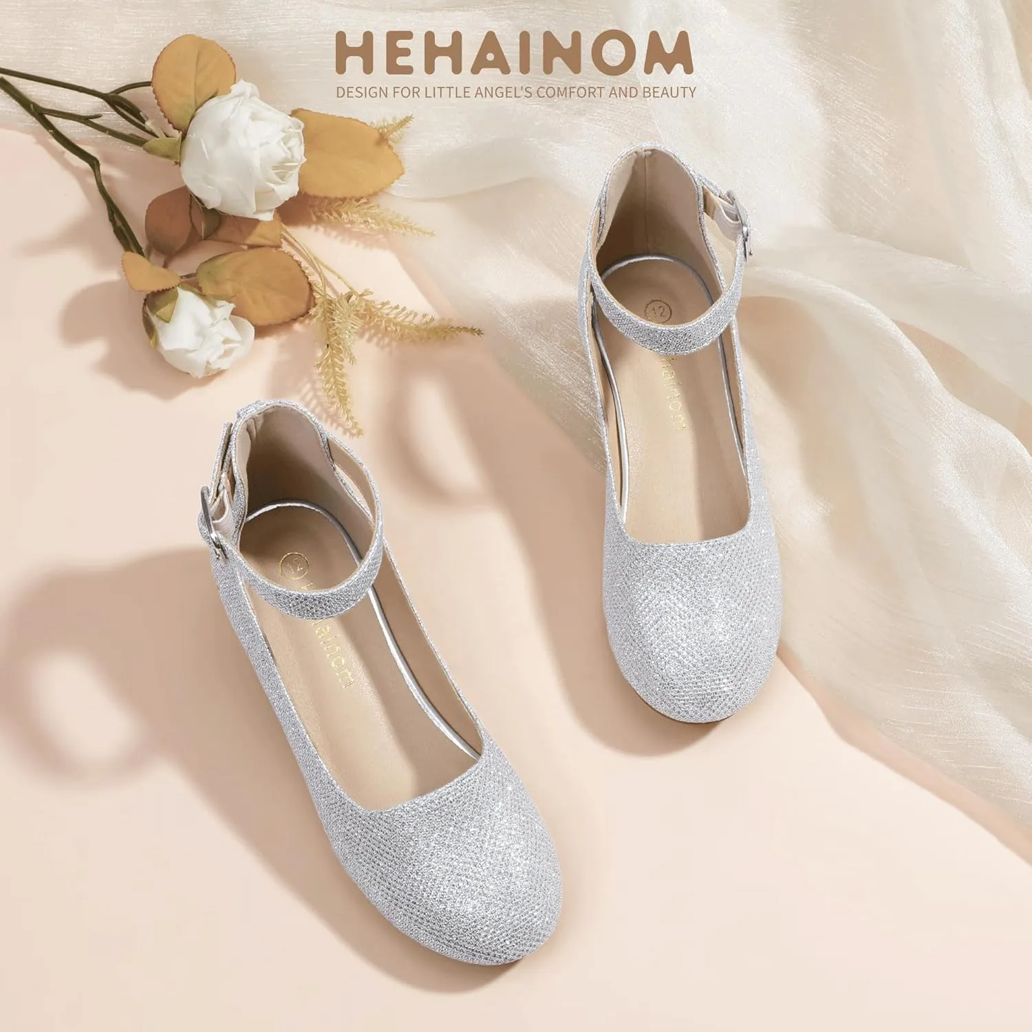 Hehainom Girls Dress Shoes Ankle Strap Flower Girl Heels for Little Big Kids Heels Wedding Church Party Shoes