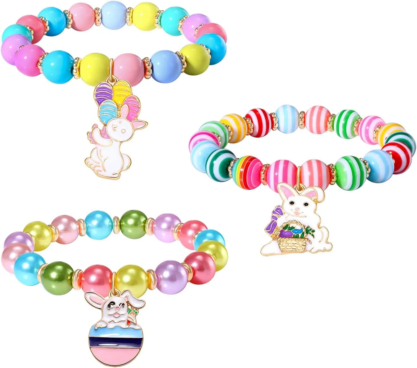 HEIDKRUEGER Beaded Bracelets Easter Charm Bracelet Set Rhinestone Colorful Bunny Egg Letter Beads Stretch Bracelets for Women Teen Girls Personalized Happy Easter Jewelry Gift