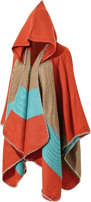 HGps8w Knitted Hooded Cape for Women Dressy Color Block Shawl Wraps Sweater Poncho Cape Cardigan Cloak Winter Coat