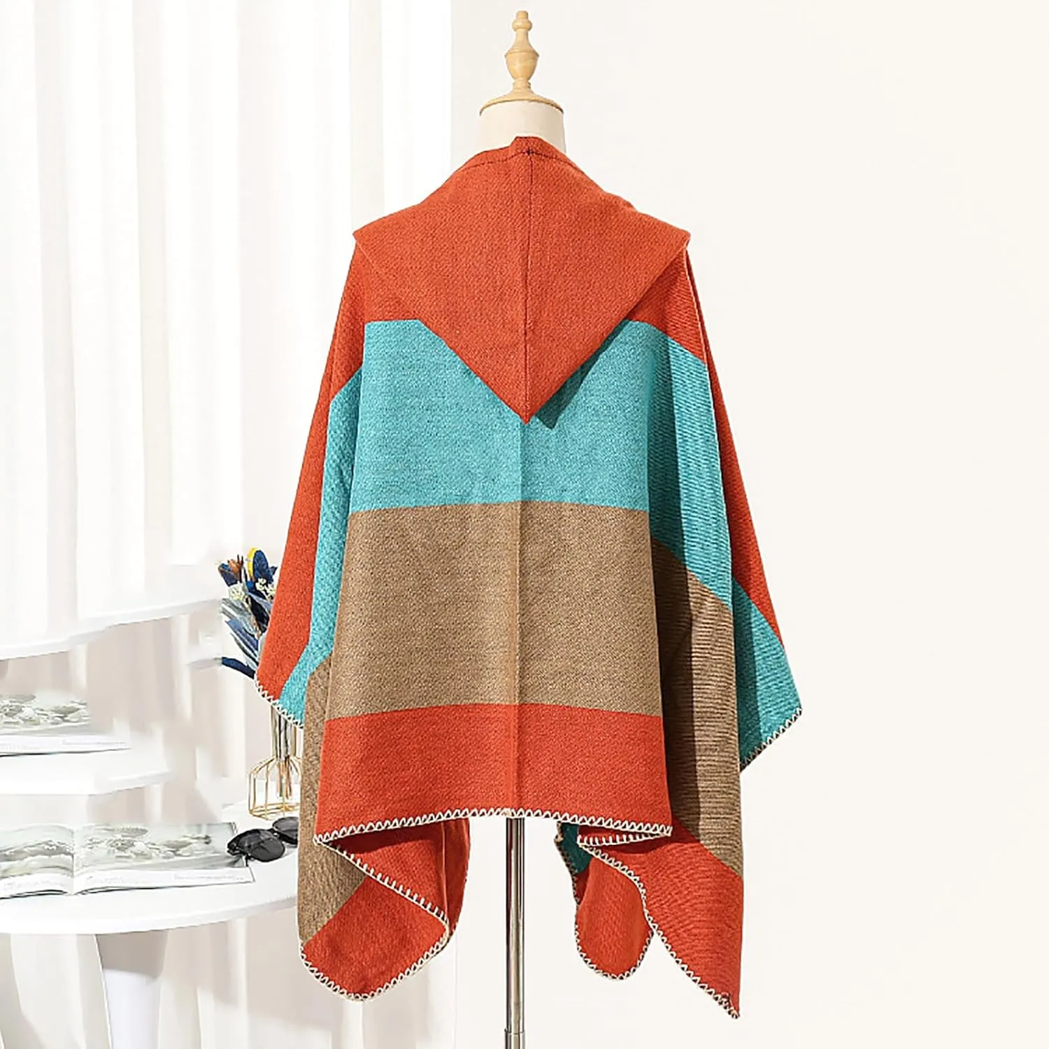 HGps8w Knitted Hooded Cape for Women Dressy Color Block Shawl Wraps Sweater Poncho Cape Cardigan Cloak Winter Coat