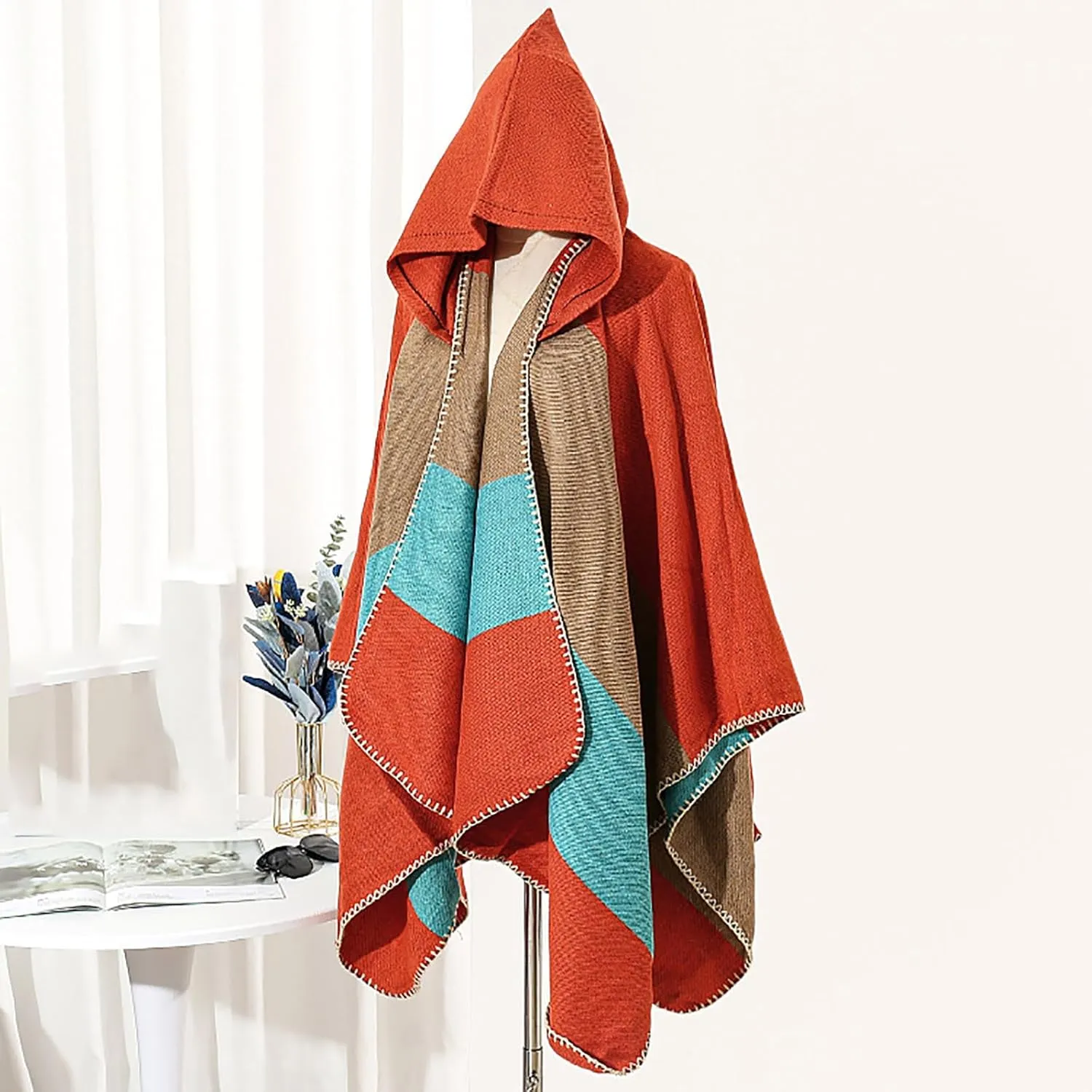 HGps8w Knitted Hooded Cape for Women Dressy Color Block Shawl Wraps Sweater Poncho Cape Cardigan Cloak Winter Coat