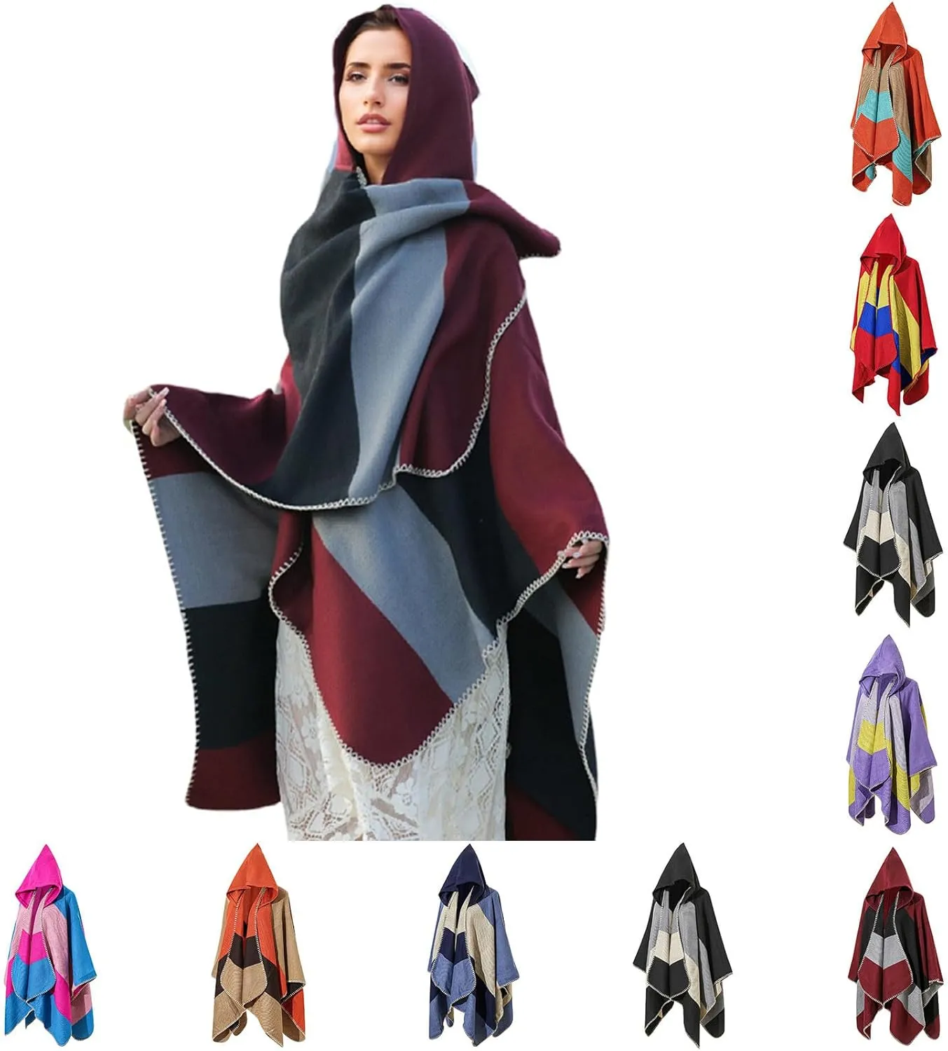 HGps8w Knitted Hooded Cape for Women Dressy Color Block Shawl Wraps Sweater Poncho Cape Cardigan Cloak Winter Coat
