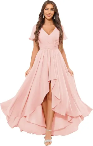 High Low Bridesmaid Dresses for Women Short Sleeves Chiffon Ruched Wedding Formal Evening Gown with Pockets