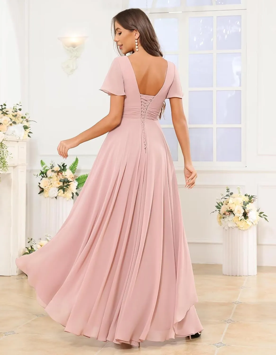 High Low Bridesmaid Dresses for Women Short Sleeves Chiffon Ruched Wedding Formal Evening Gown with Pockets
