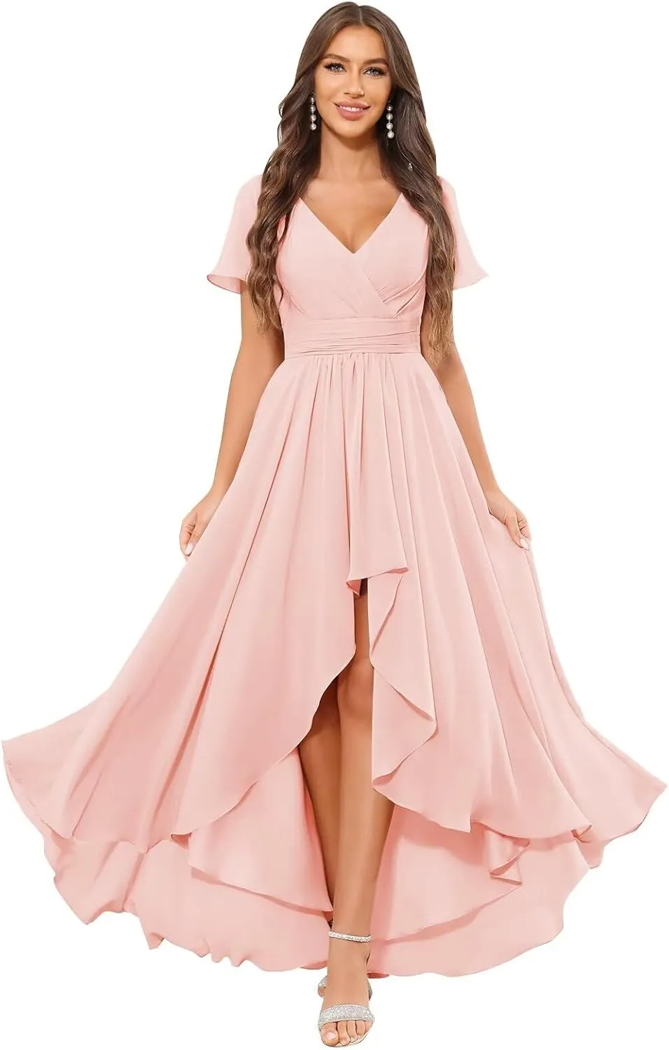 High Low Bridesmaid Dresses for Women Short Sleeves Chiffon Ruched Wedding Formal Evening Gown with Pockets