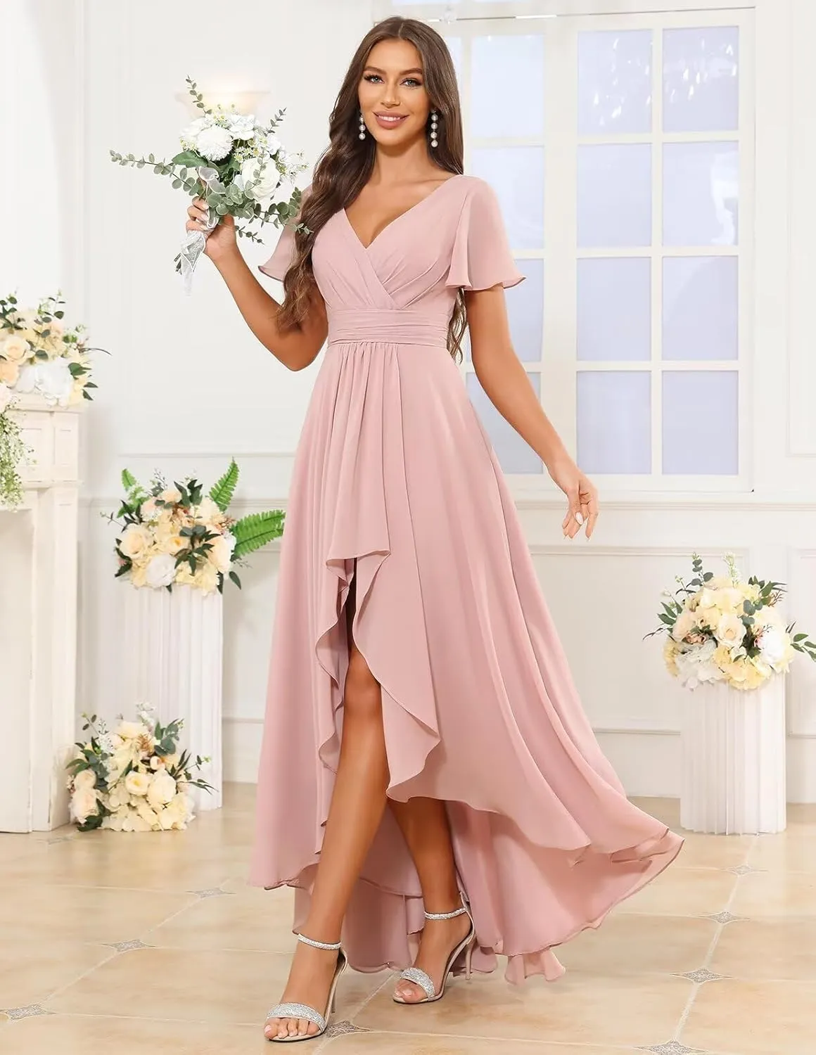 High Low Bridesmaid Dresses for Women Short Sleeves Chiffon Ruched Wedding Formal Evening Gown with Pockets