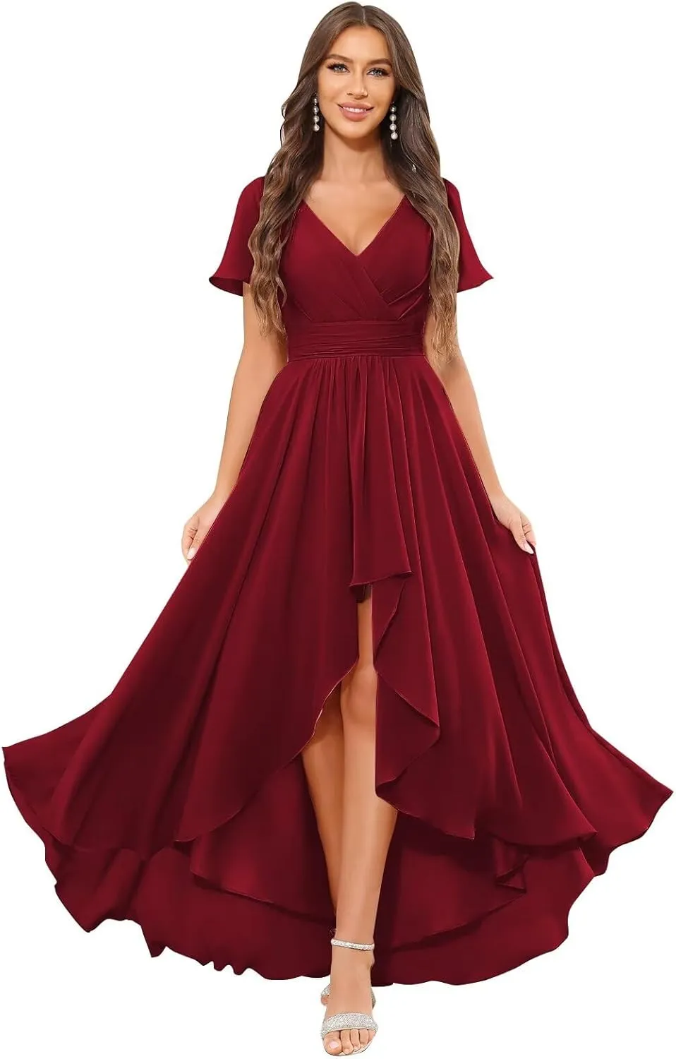 High Low Bridesmaid Dresses for Women Short Sleeves Chiffon Ruched Wedding Formal Evening Gown with Pockets
