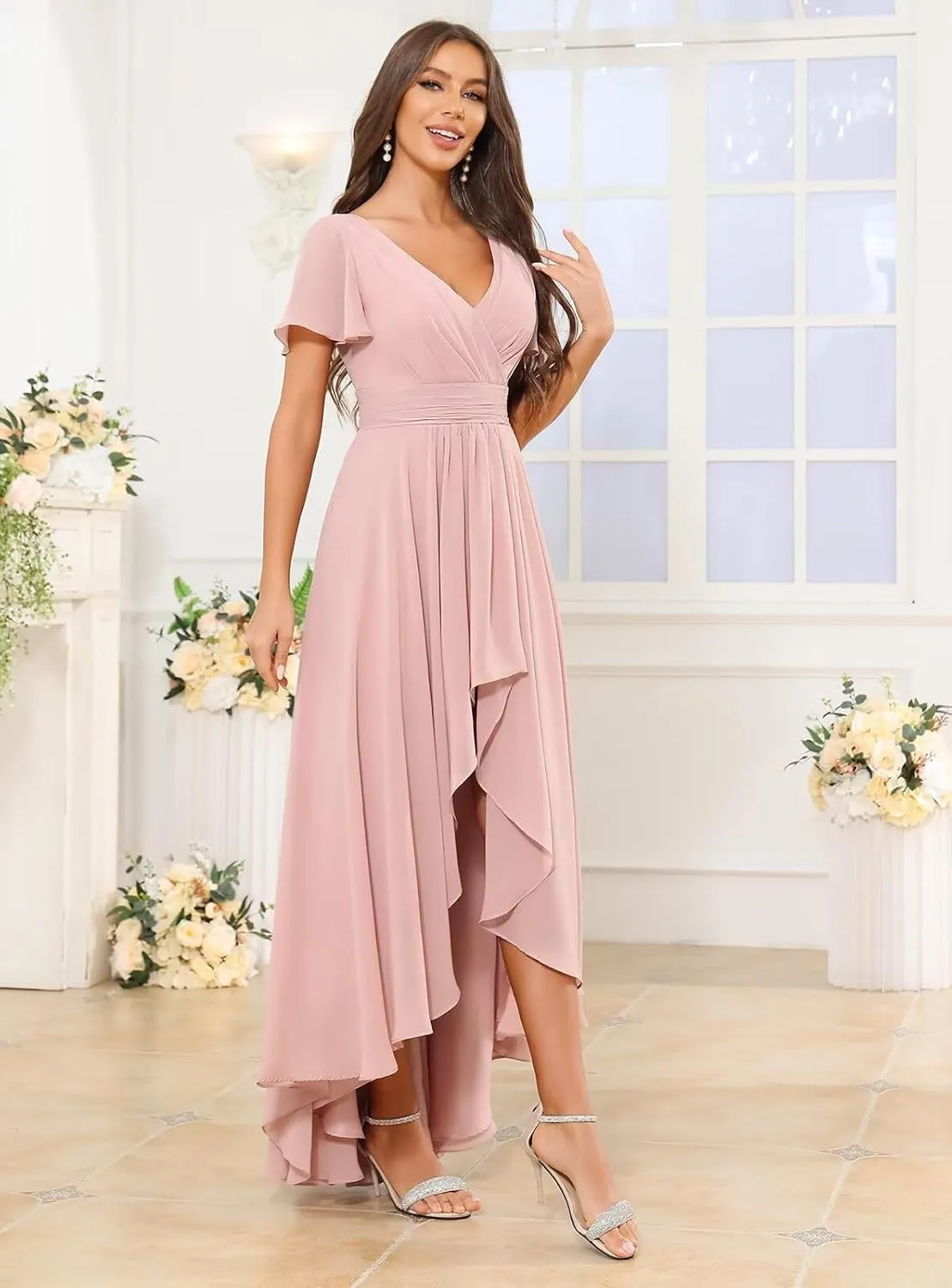 High Low Bridesmaid Dresses for Women Short Sleeves Chiffon Ruched Wedding Formal Evening Gown with Pockets