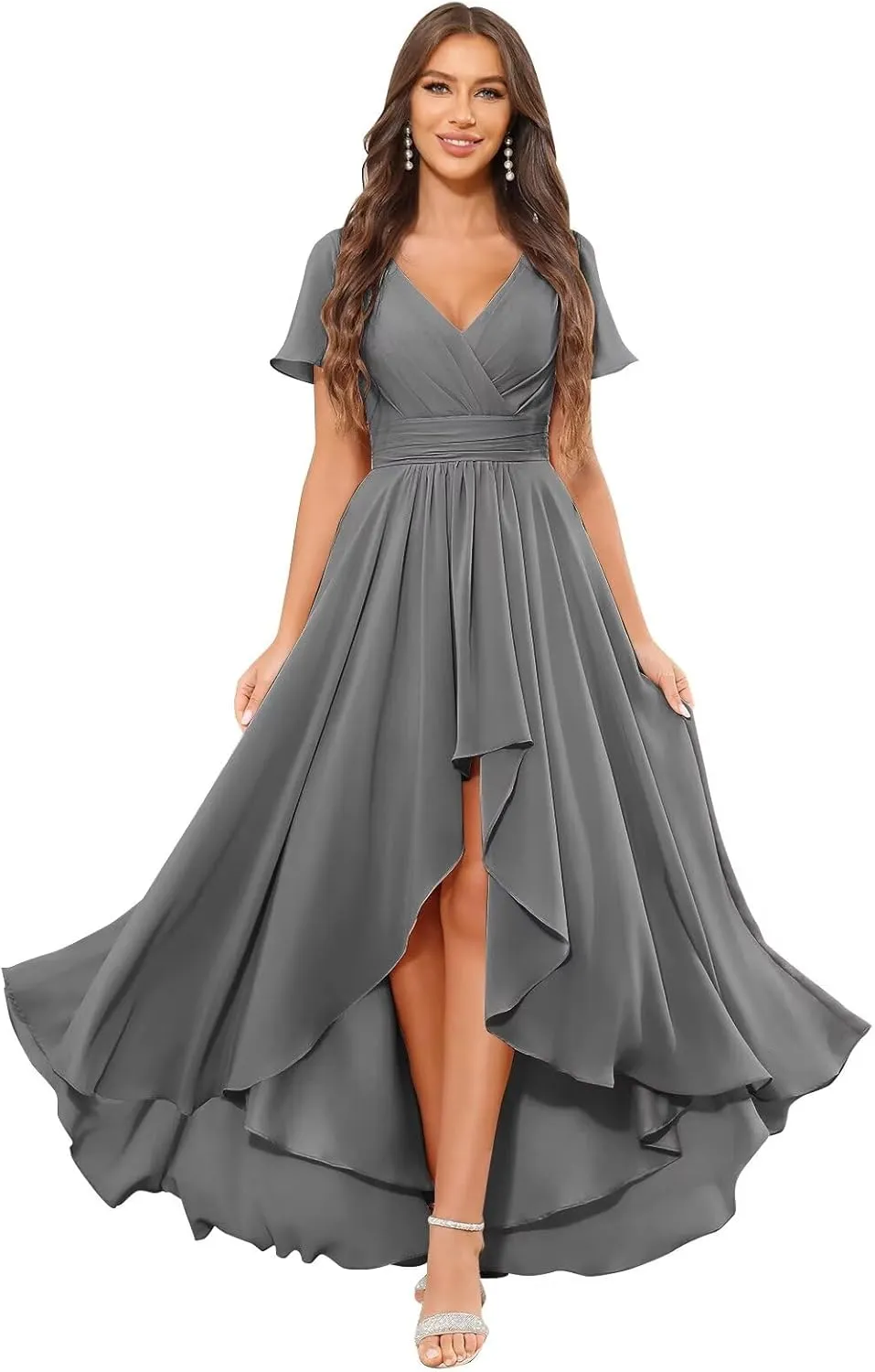 High Low Bridesmaid Dresses for Women Short Sleeves Chiffon Ruched Wedding Formal Evening Gown with Pockets