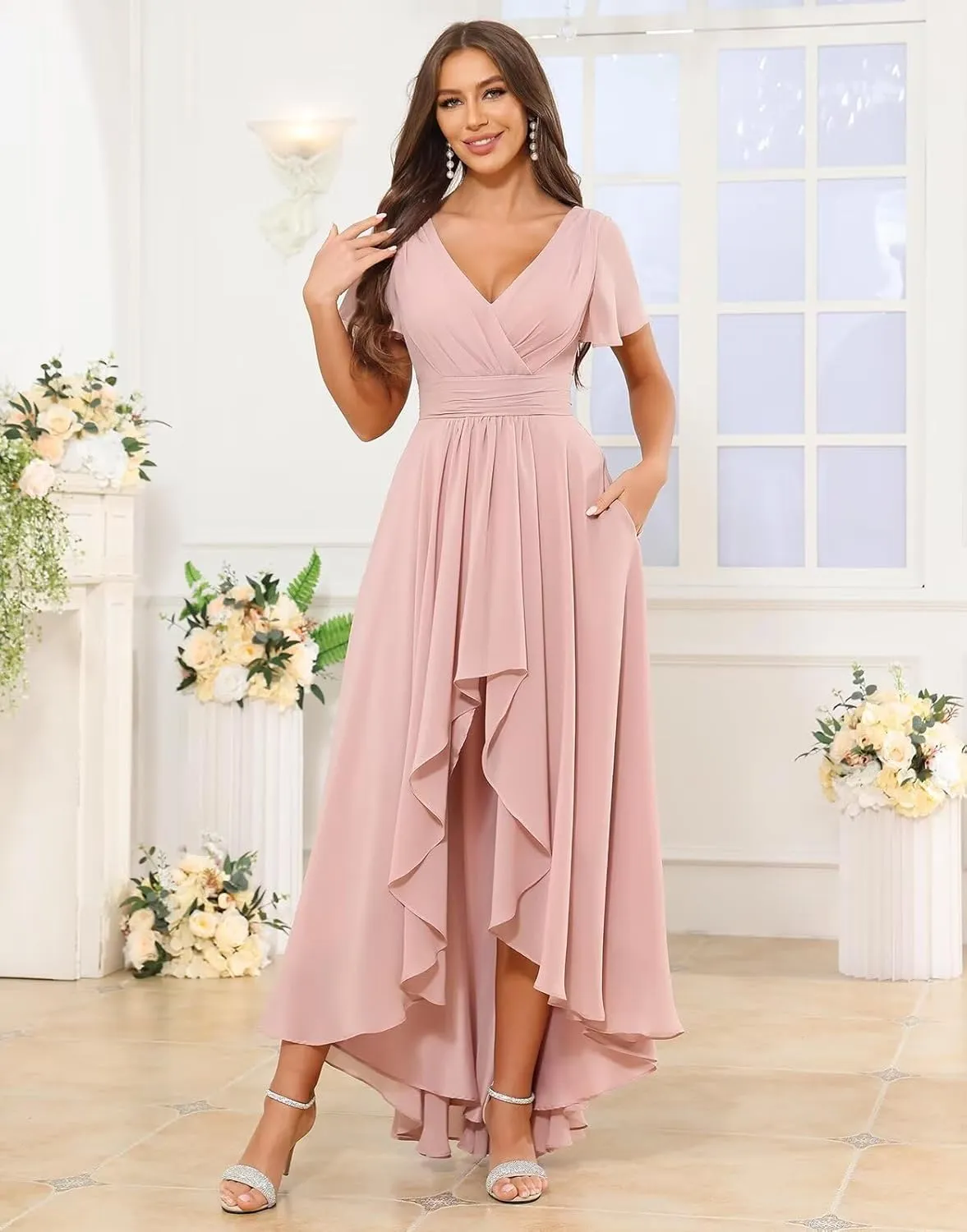 High Low Bridesmaid Dresses for Women Short Sleeves Chiffon Ruched Wedding Formal Evening Gown with Pockets