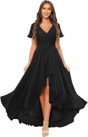 High Low Bridesmaid Dresses for Women Short Sleeves Chiffon Ruched Wedding Formal Evening Gown with Pockets