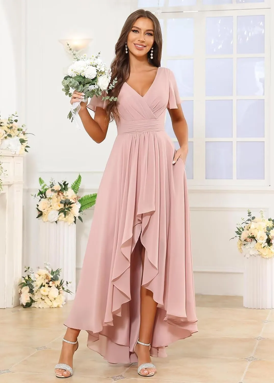 High Low Bridesmaid Dresses for Women Short Sleeves Chiffon Ruched Wedding Formal Evening Gown with Pockets