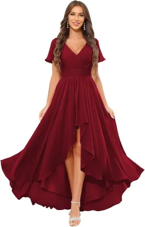 High Low Bridesmaid Dresses for Women Short Sleeves Chiffon Ruched Wedding Formal Evening Gown with Pockets