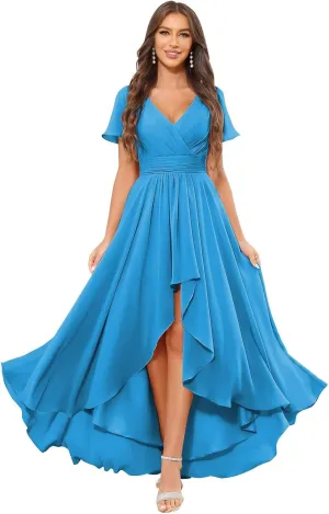 High Low Bridesmaid Dresses for Women Short Sleeves Chiffon Ruched Wedding Formal Evening Gown with Pockets
