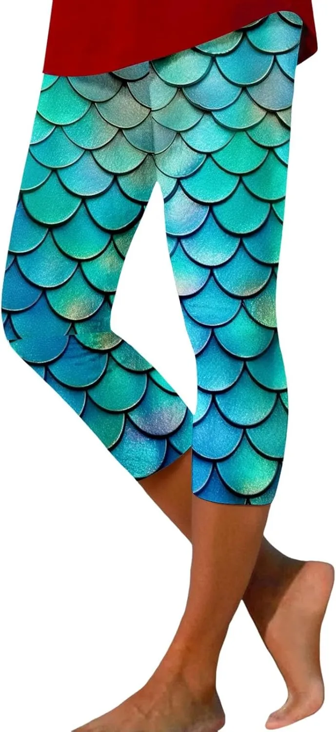 High Waist Capri Leggings for Women Fish Scale Print Elastic Waist Pants Summer Trendy Stretch Slim Fit Yoga Trousers