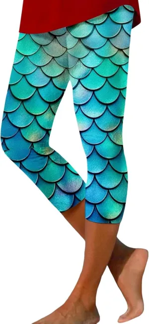 High Waist Capri Leggings for Women Fish Scale Print Elastic Waist Pants Summer Trendy Stretch Slim Fit Yoga Trousers