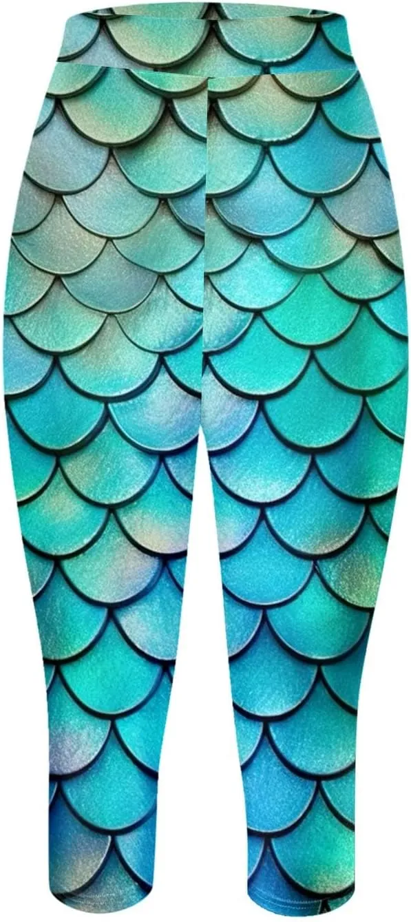 High Waist Capri Leggings for Women Fish Scale Print Elastic Waist Pants Summer Trendy Stretch Slim Fit Yoga Trousers