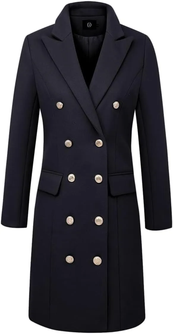 IDEALSANXUN Womens Fall Winter Wool Coats Double Breasted Midi Peacoat Trench Coats