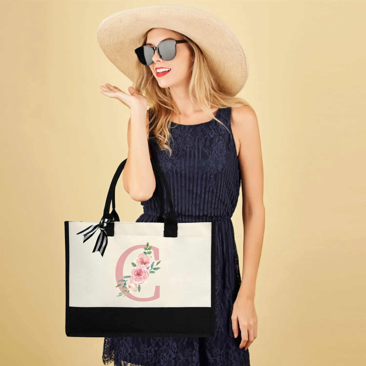 Initial Canvas Tote Bag for Women, Beach Bag with Inner Zipper Pocket Personalized Gifts for Wedding, Birthday