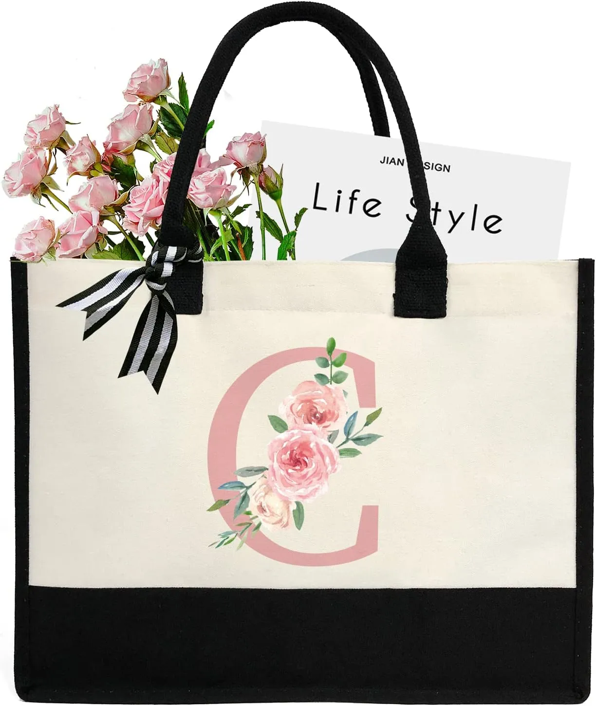 Initial Canvas Tote Bag for Women, Beach Bag with Inner Zipper Pocket Personalized Gifts for Wedding, Birthday