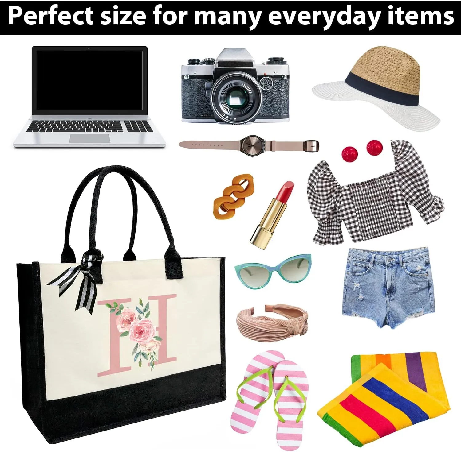 Initial Canvas Tote Bag for Women, Beach Bag with Inner Zipper Pocket Personalized Gifts for Wedding, Birthday